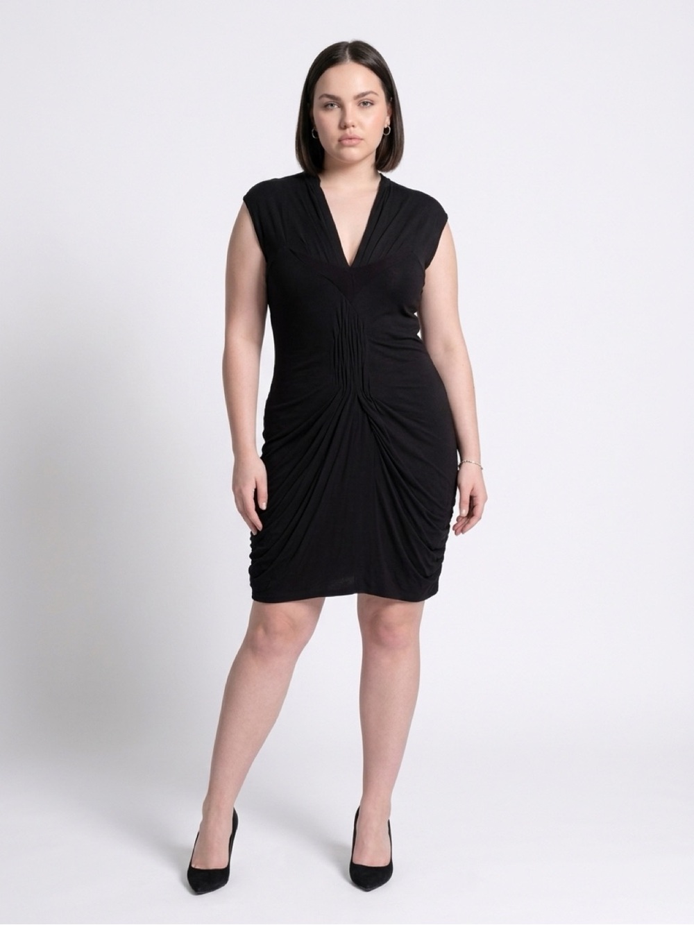 L.A.M.B. Black V-Neck Midi Dress with Ruching